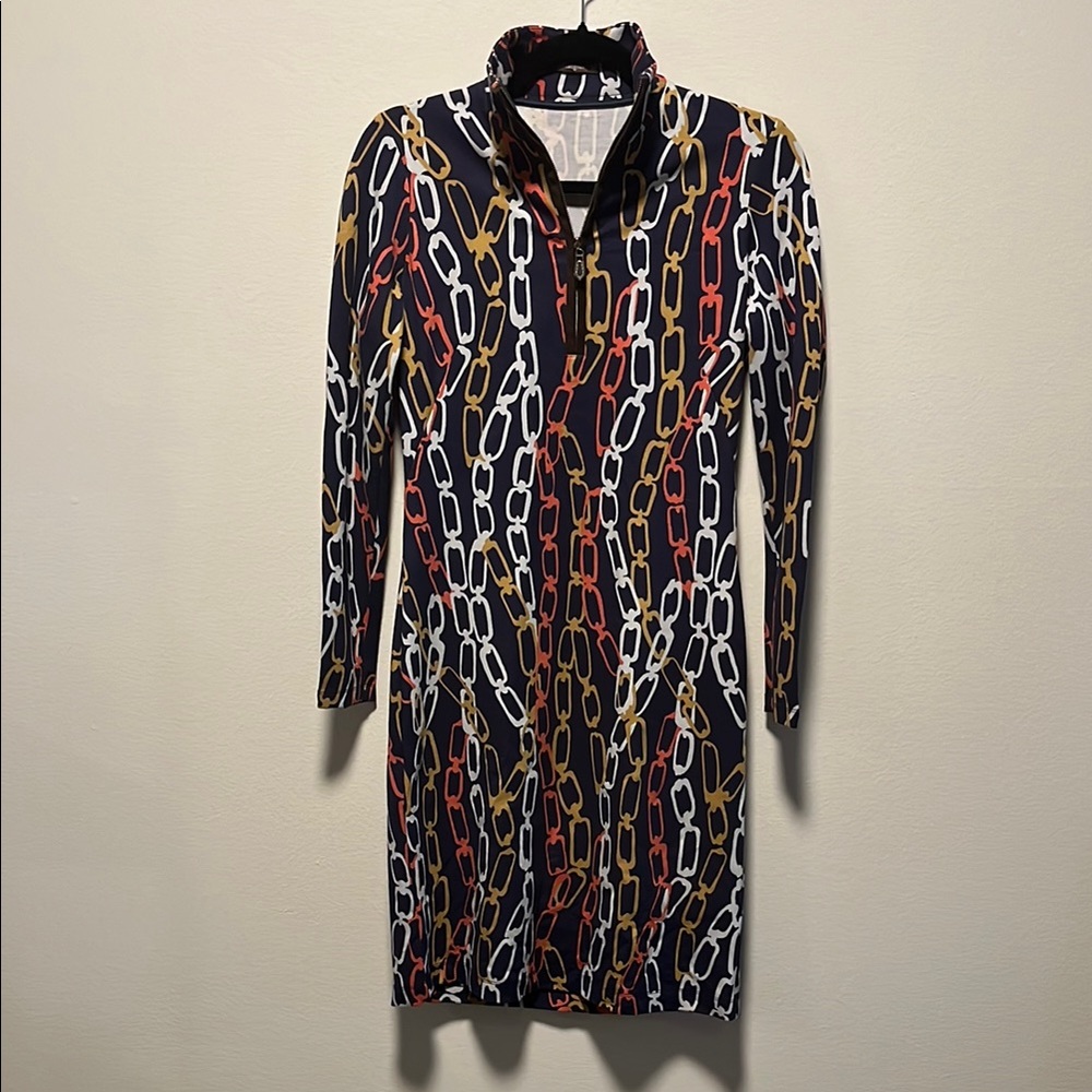 J. MCLAUGHLIN Navy Chain Print Mock Collar Dress, Multicolor, Size XS